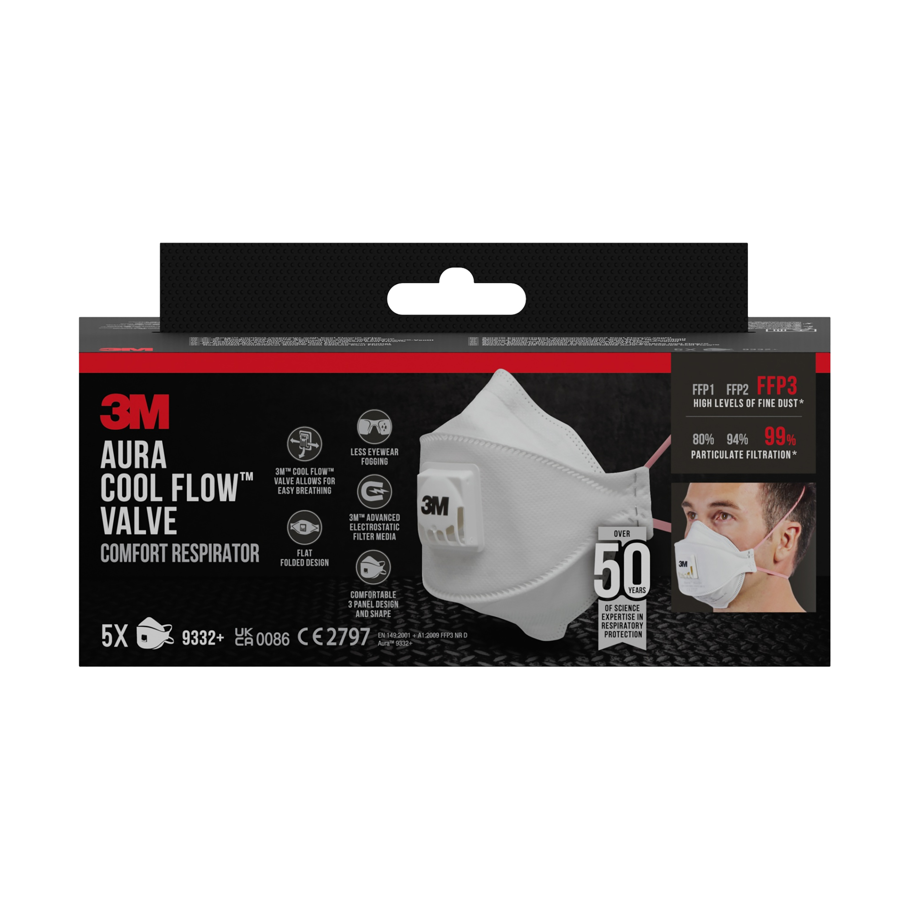 3M™ Aura™ Comfort Cool Flow™ Partikelmaske 9332+, FFP3, mit Ventil, 5er-Packung