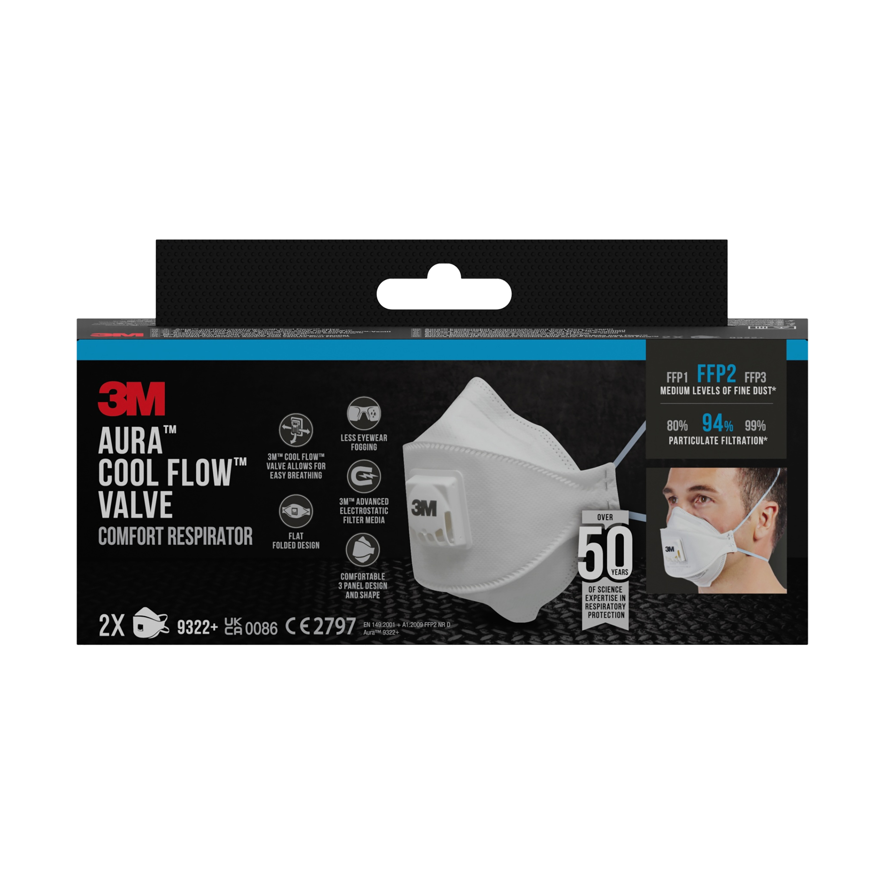 3M™ Aura™ Maske für Hand- und Maschinenschleifen 9322+, FFP2, mit Ventil, 2 pro Packung