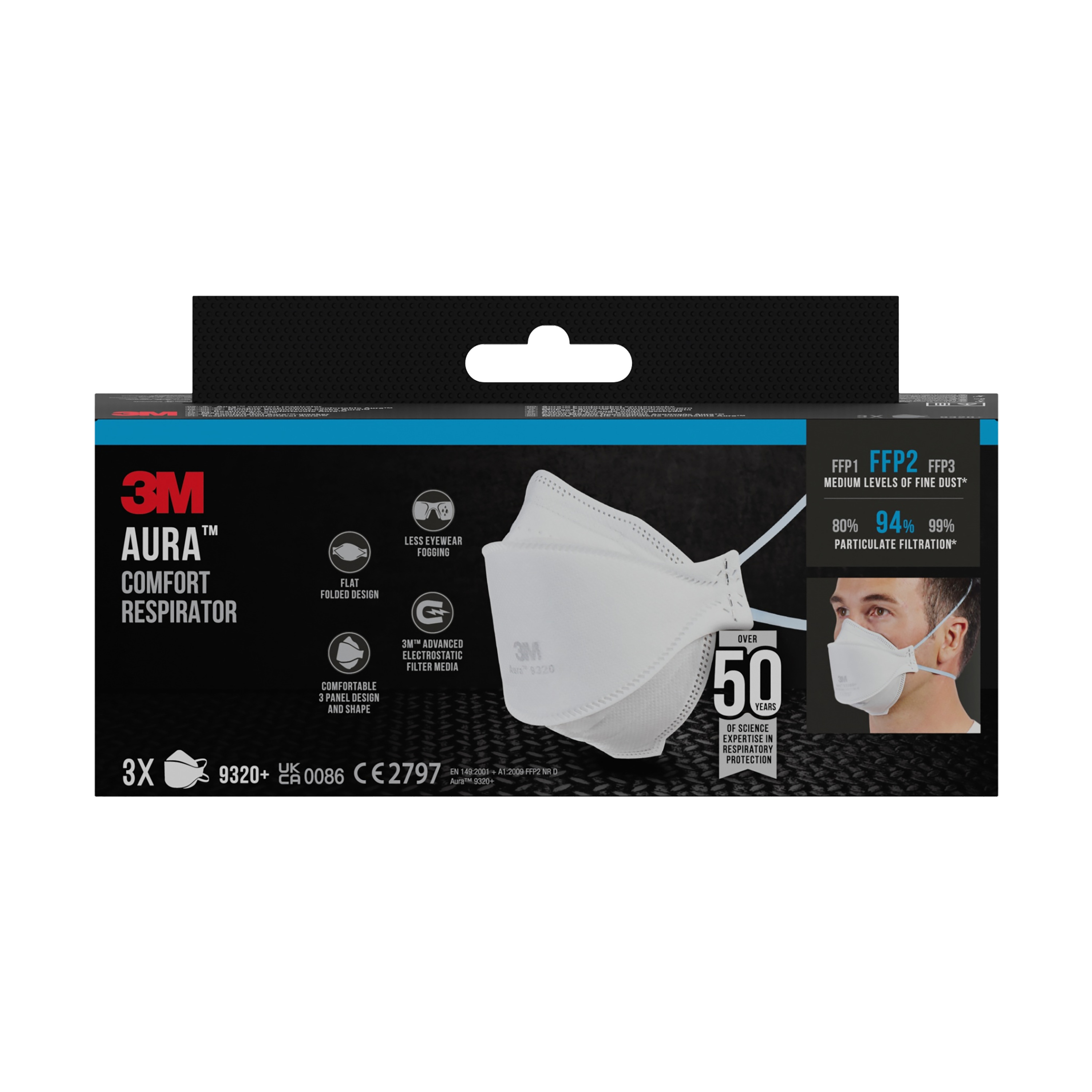 3M™ 9320D+ Aura™ Einweg-Partikel-Atemschutzmaske, FFP2, ohne Ventil, 3/Packung