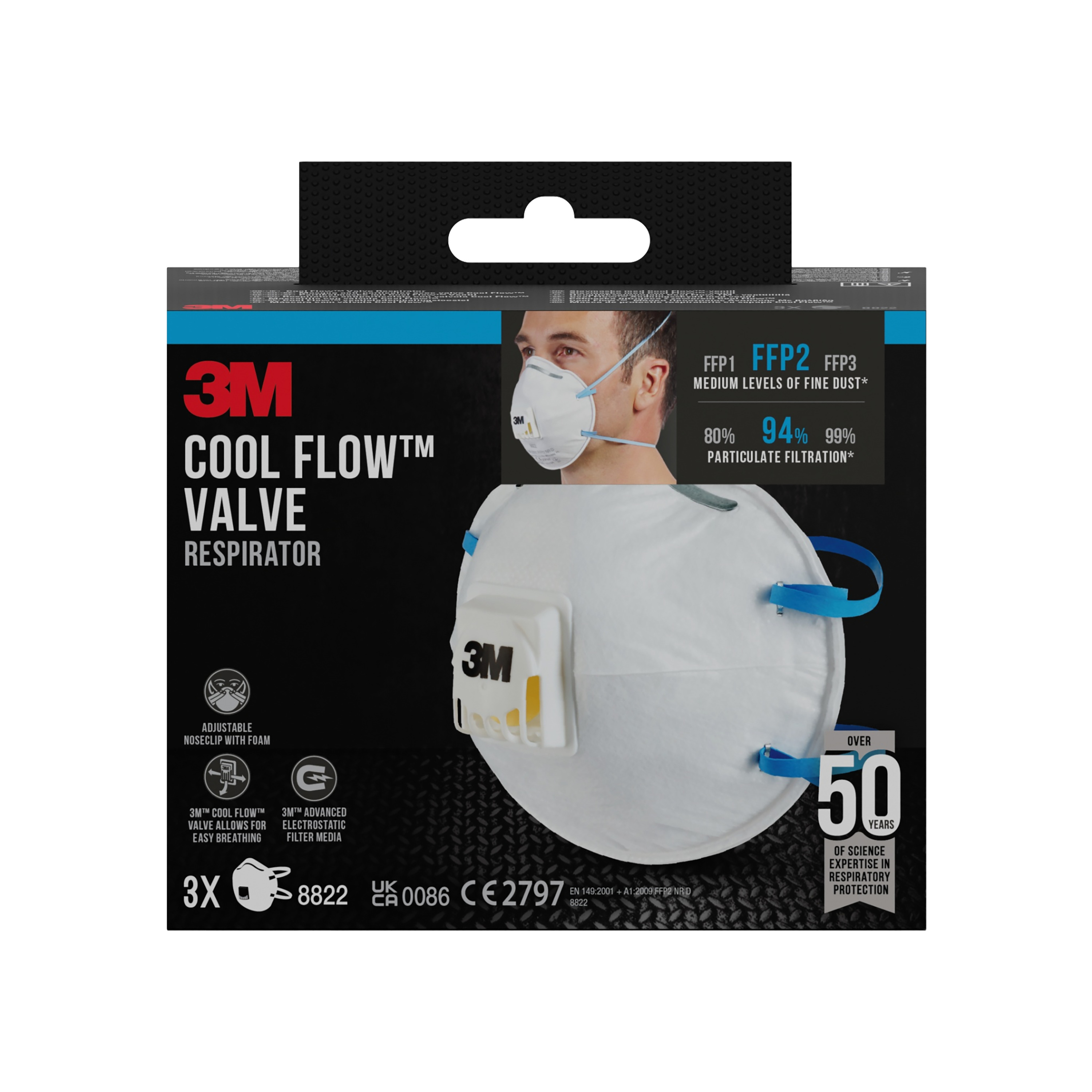 3M™ Maske für Hand- und Maschinenschleifen, FFP2, mit Ventil, 3 pro Packung