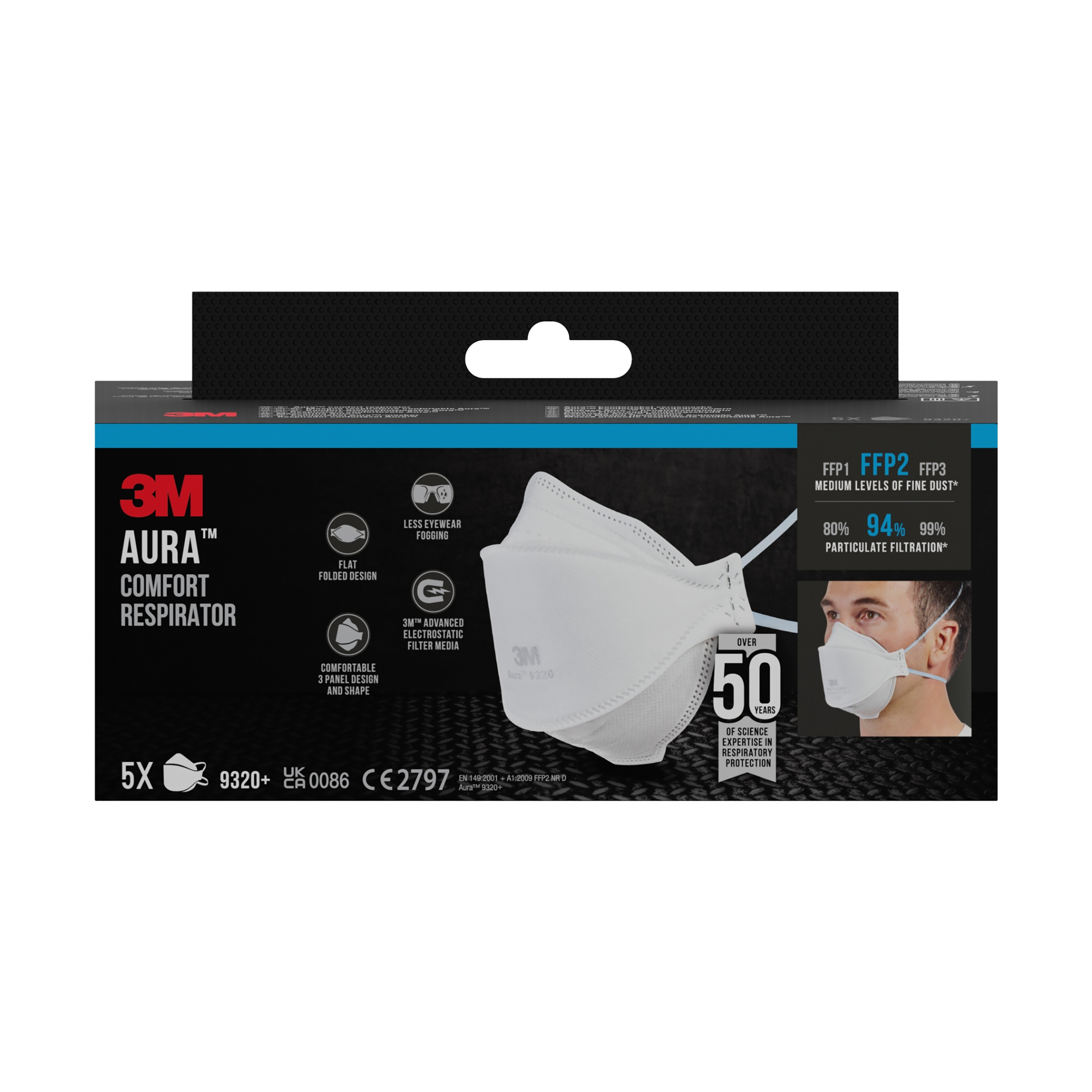 3M™ 9320D+ Aura™ Einweg-Partikel-Atemschutzmaske, FFP2, ohne Ventil, 5/Packung