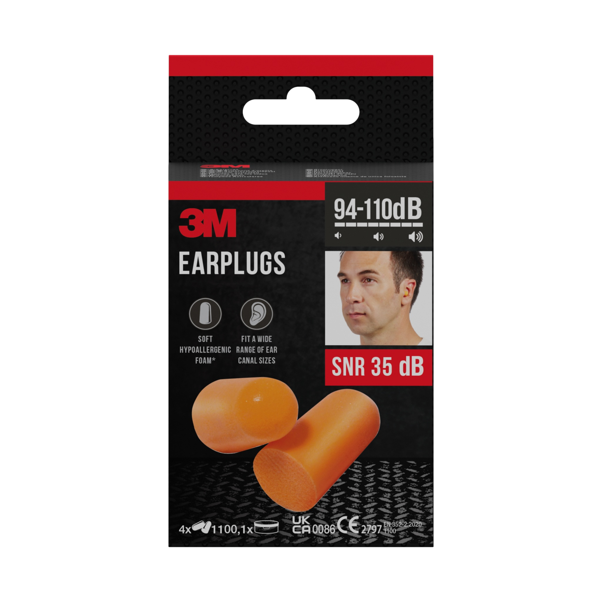3M™ Gehörschutzstöpsel 1100, Weichschaum, SNR-Wert 35 dB, Orange, 4 Paar