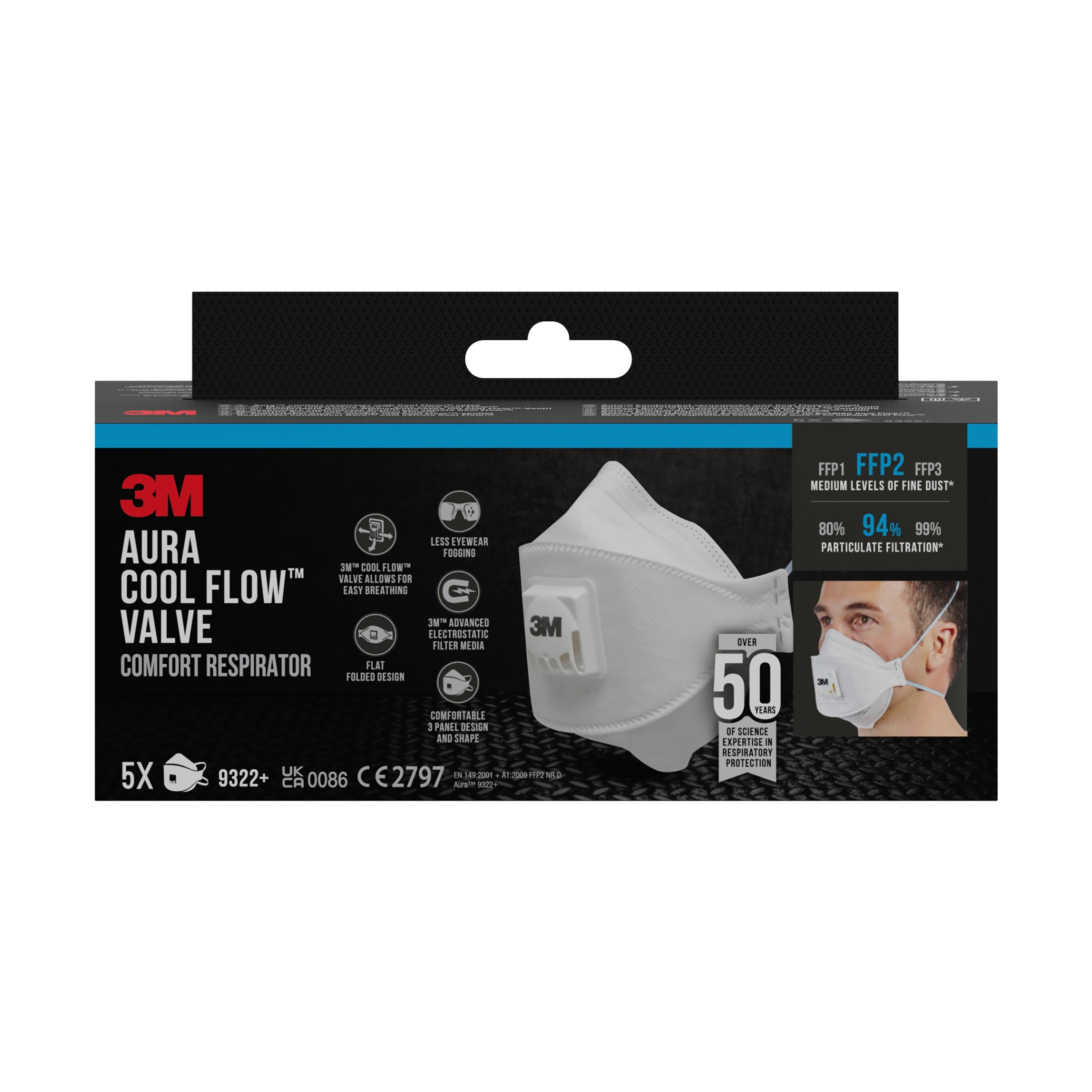 3M™ Aura™ Comfort Cool Flow™ Partikelmaske 9322+, FFP2, mit Ventil, 5er-Packung